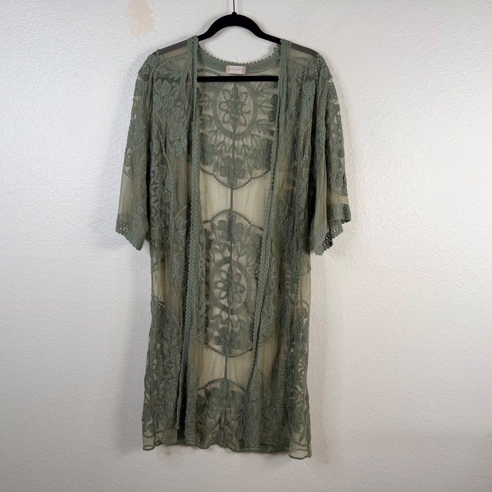Altar'd State Duster Cardigan Kimono Green Sz M Sheer Boho Hippie Festival
